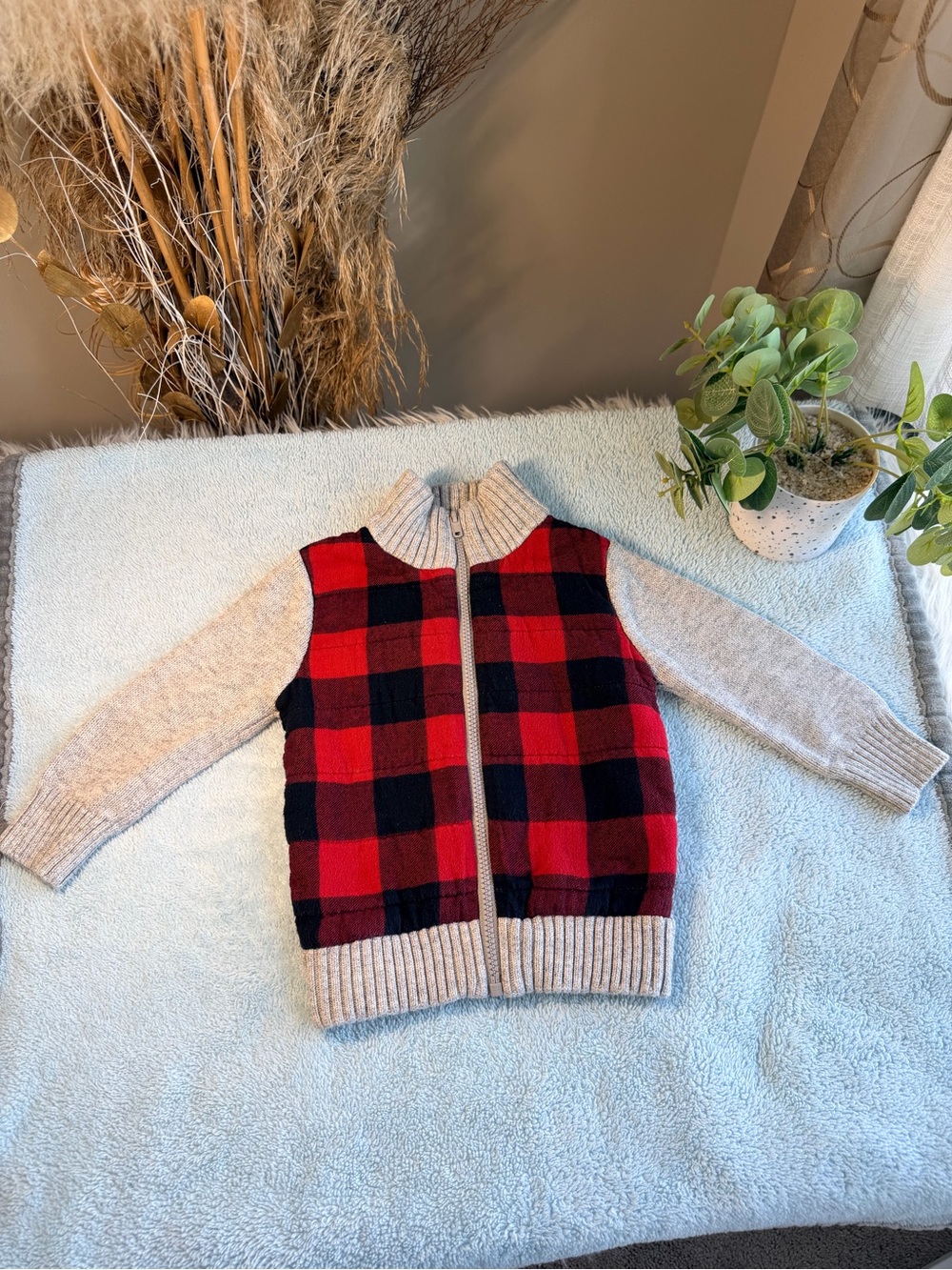Cat & Jack Red and Black Buffalo Plaid Zip-Up Knit Jacket